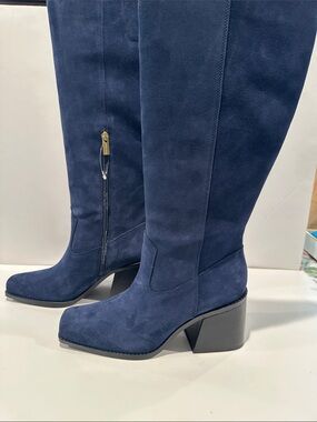 Vince CAMUTO Navy Blue Upper Leather/Suede Tall Boot with 3.25” Block Heels.